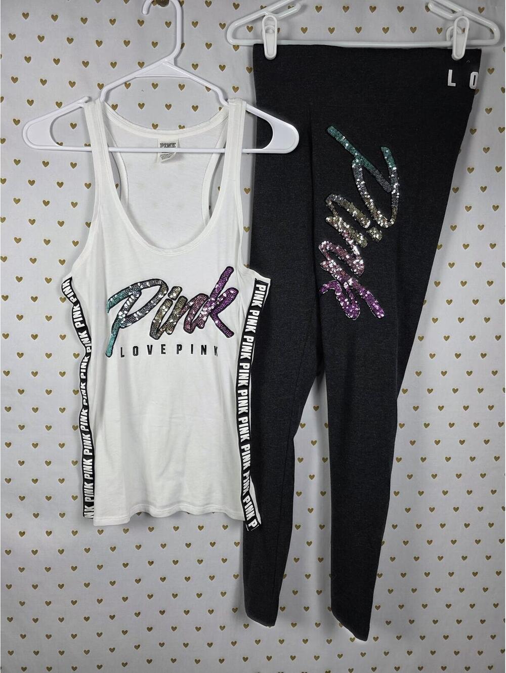Victorias Secret PINK Gradient Rainbow Sequin BLING HTF Tank Yoga Pants SMALL